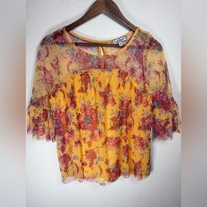 Crave Fame Yellow and Red Floral Sheer Swiss Dot Boho Blouse Size Medium